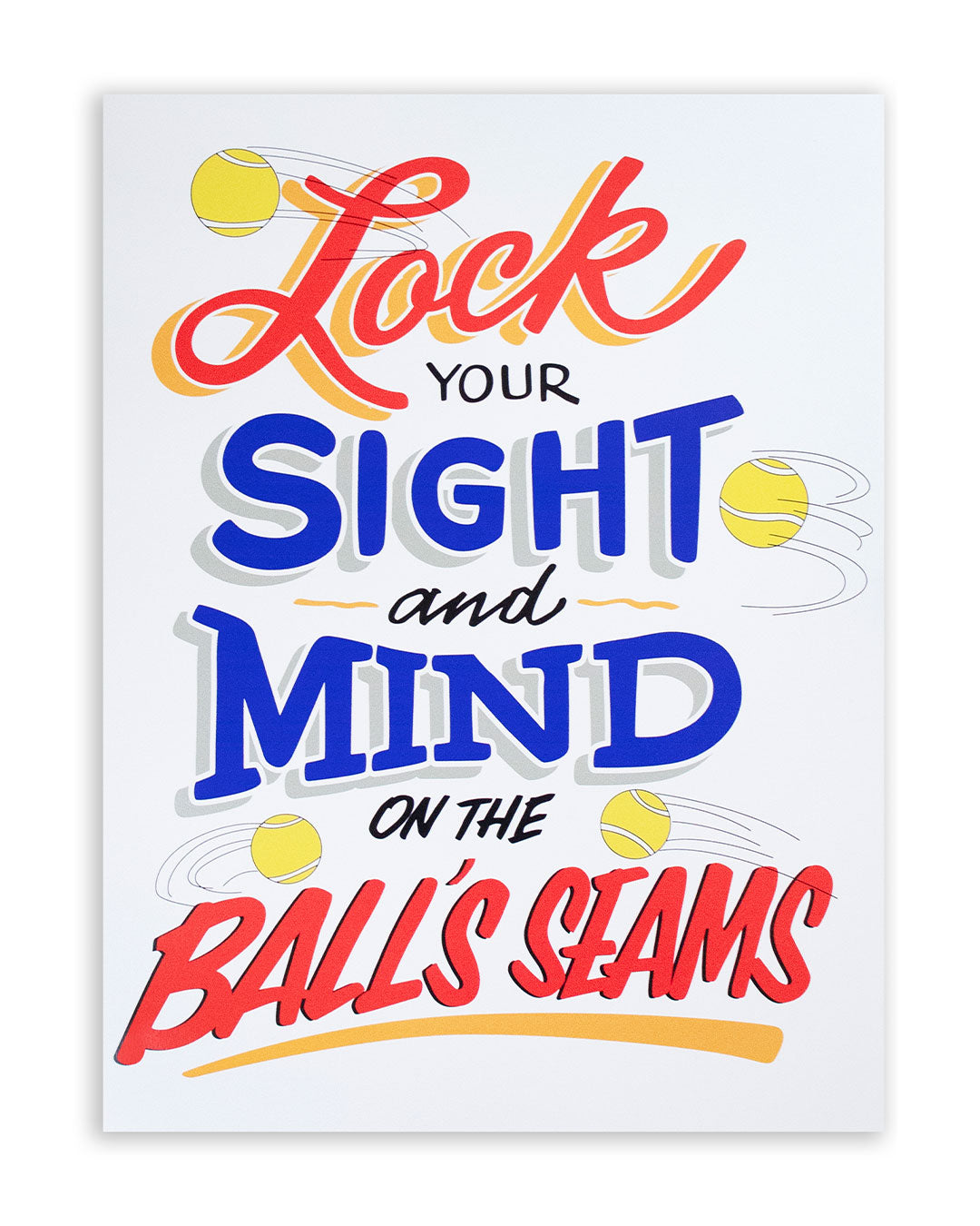 Motivational poster with colorful text and tennis ball graphics on a white background