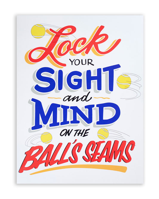 Motivational poster with colorful text and tennis ball graphics on a white background